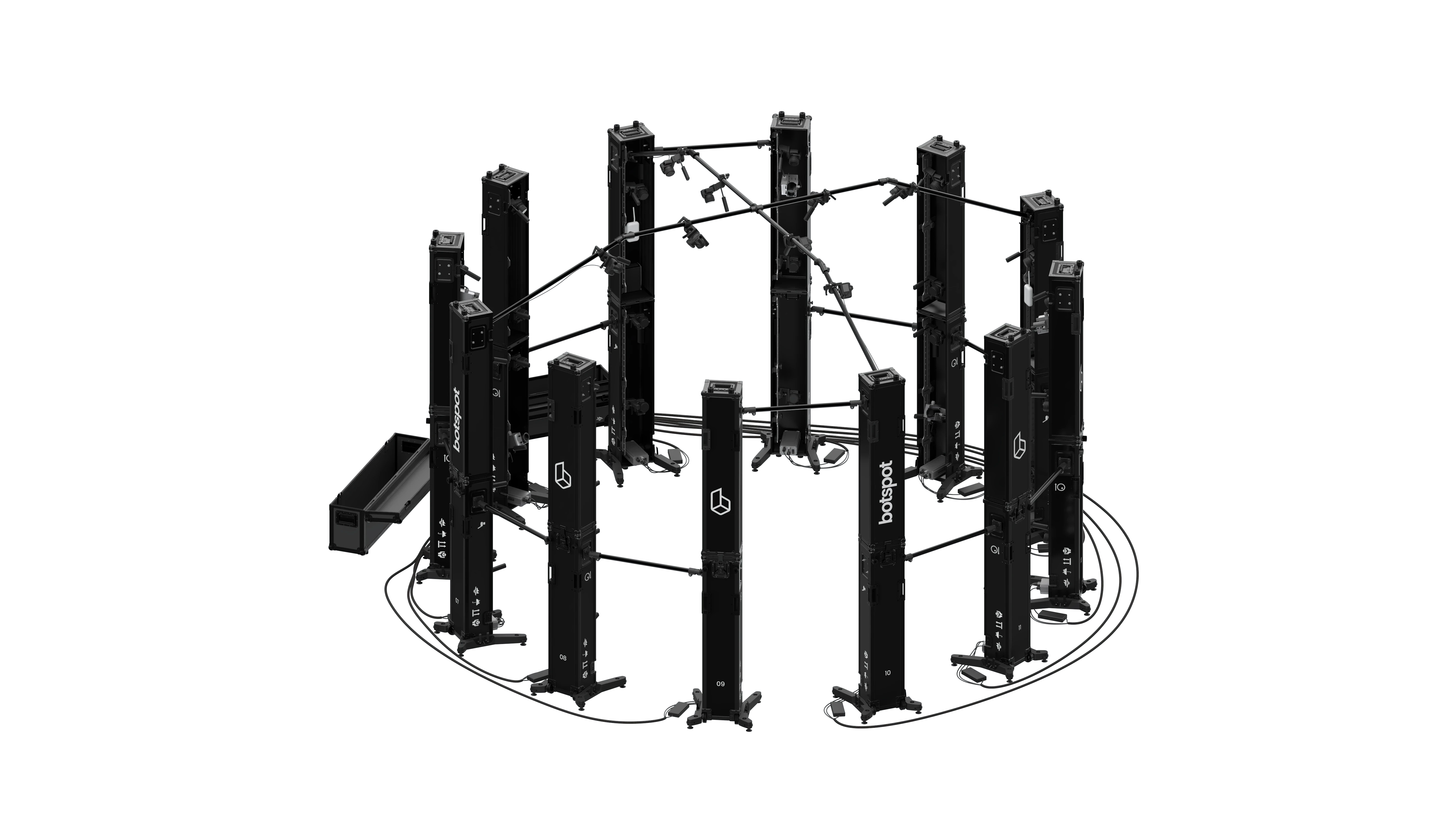 botspot's portable full-body scanner FLEX, equipped with 44 cameras in 12 flight cases.