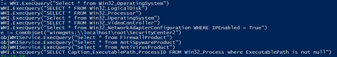 WMI-Abfragen in Strings: Win32_OperatingSystem, LogicalDisk, Processor, VideoController, NetworkAdapterConfiguration und Process sowie Firewall-, AntiSpyware- und AntiVirus-Produkte aus SecurityCenter2.