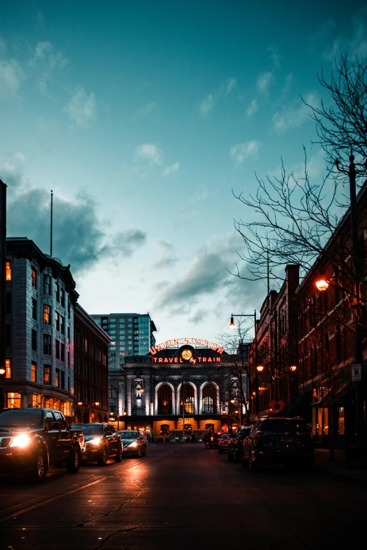 Union Station in Denver Colorado at dusk.