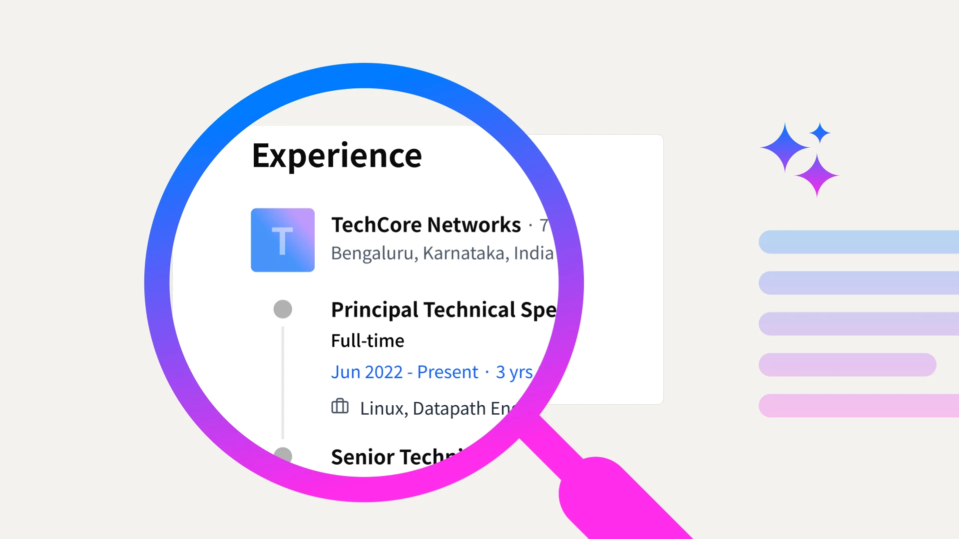 Conceptual illustration of AI-enhanced profiling where a magnifying glass examines a target's professional experience to identify vulnerabilities in the supply chain.