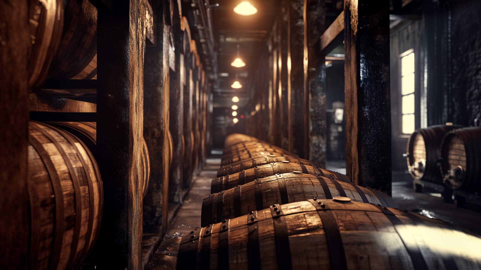 whiskey barrels in whisky distillery storage