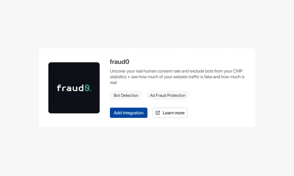 Eine Betrugsintegrationskarte mit einer kurzen Beschreibung und einem „Integration hinzufügen“-Button.