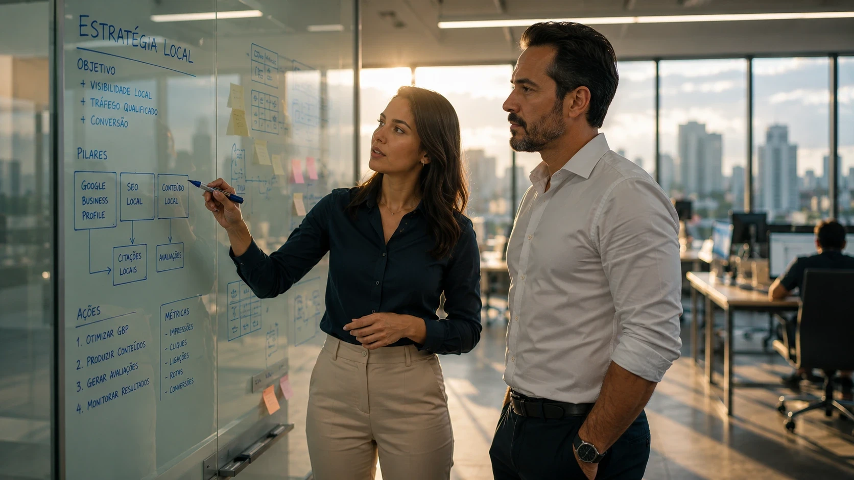 Profissionais de marketing planejando estratégia de SEO local com Google Business Profile, SEO local e conteúdo em whiteboard