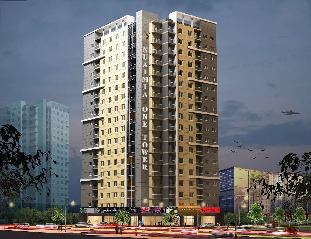 Architectural rendering of Al Nuaimia One Tower showcasing retail shops and modern design.