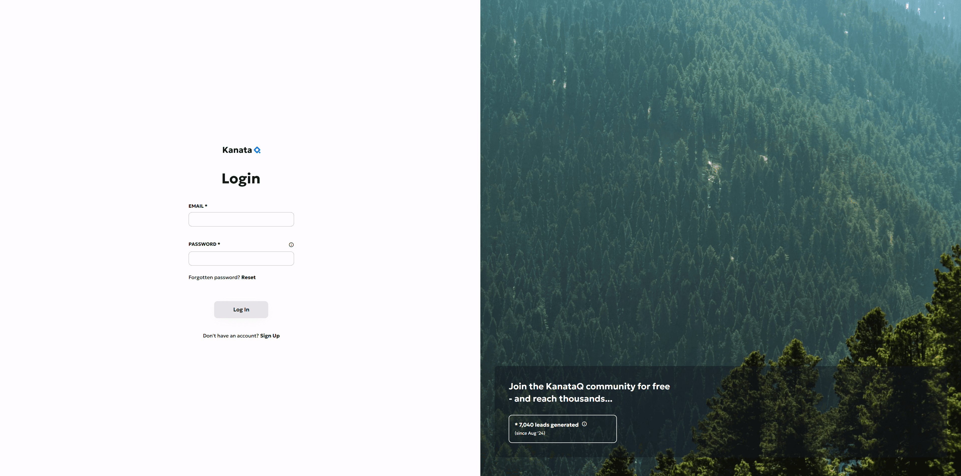 KanataQ login screen next to a forest image promoting free sign-up and '7,040 leads generated since Aug '24'."