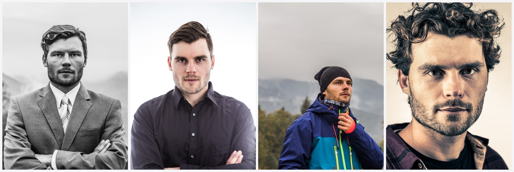 Four looks of Tobi Deckert side by side: business in a suit, groomed short cut in the studio, outdoor with a beanie and the rougher fashion look with a full beard