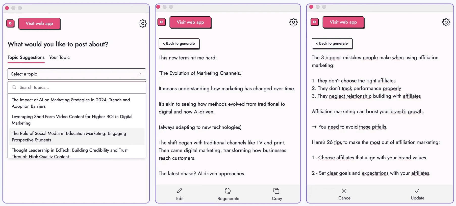 EasyGen's post generator, urging the user to pick a topic and review two generated drafts before posting