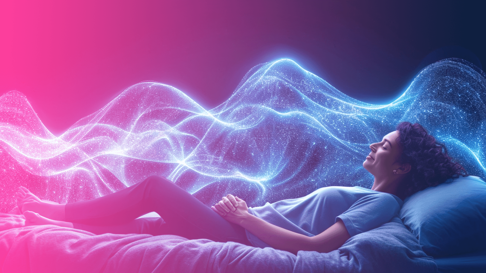 Woman relaxing with luminous neural wave visualization representing mental clarity