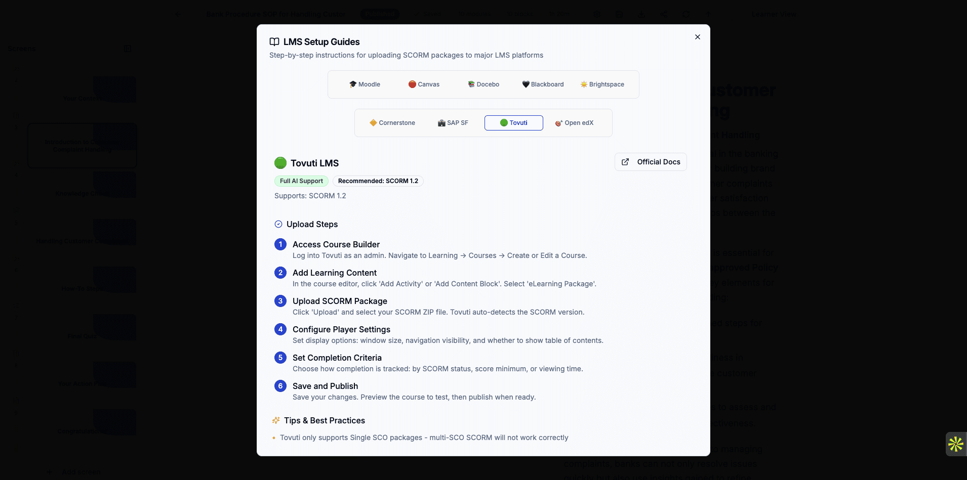Close the setup guide to return to your export configuration settings.