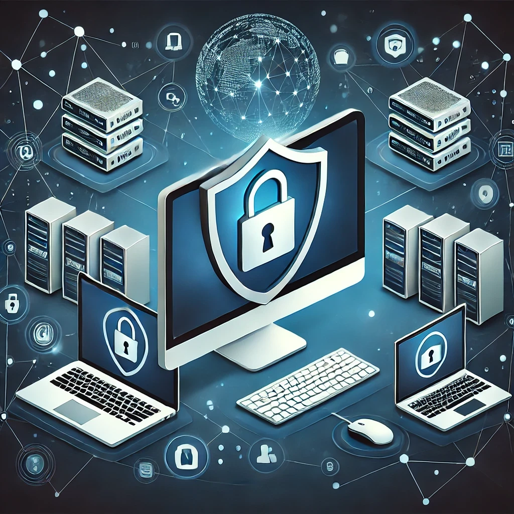 An image depicting endpoint security with CyberArk Endpoint Privilege Manager (EPM). The illustration features a computer with a digital lock and shield icon, symbolizing secure access and protection. Surrounding the central device are various servers, network components, and digital representations of connected devices, highlighting the comprehensive security measures in place to manage endpoint privileges and protect sensitive data across an organization's IT infrastructure.