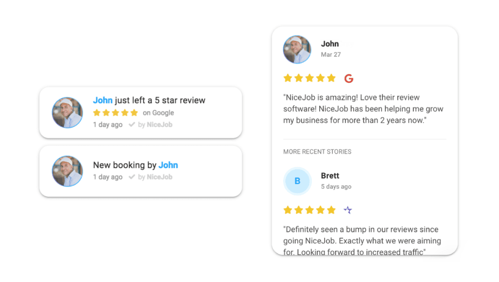 Customer reviews and bookings displayed with star ratings