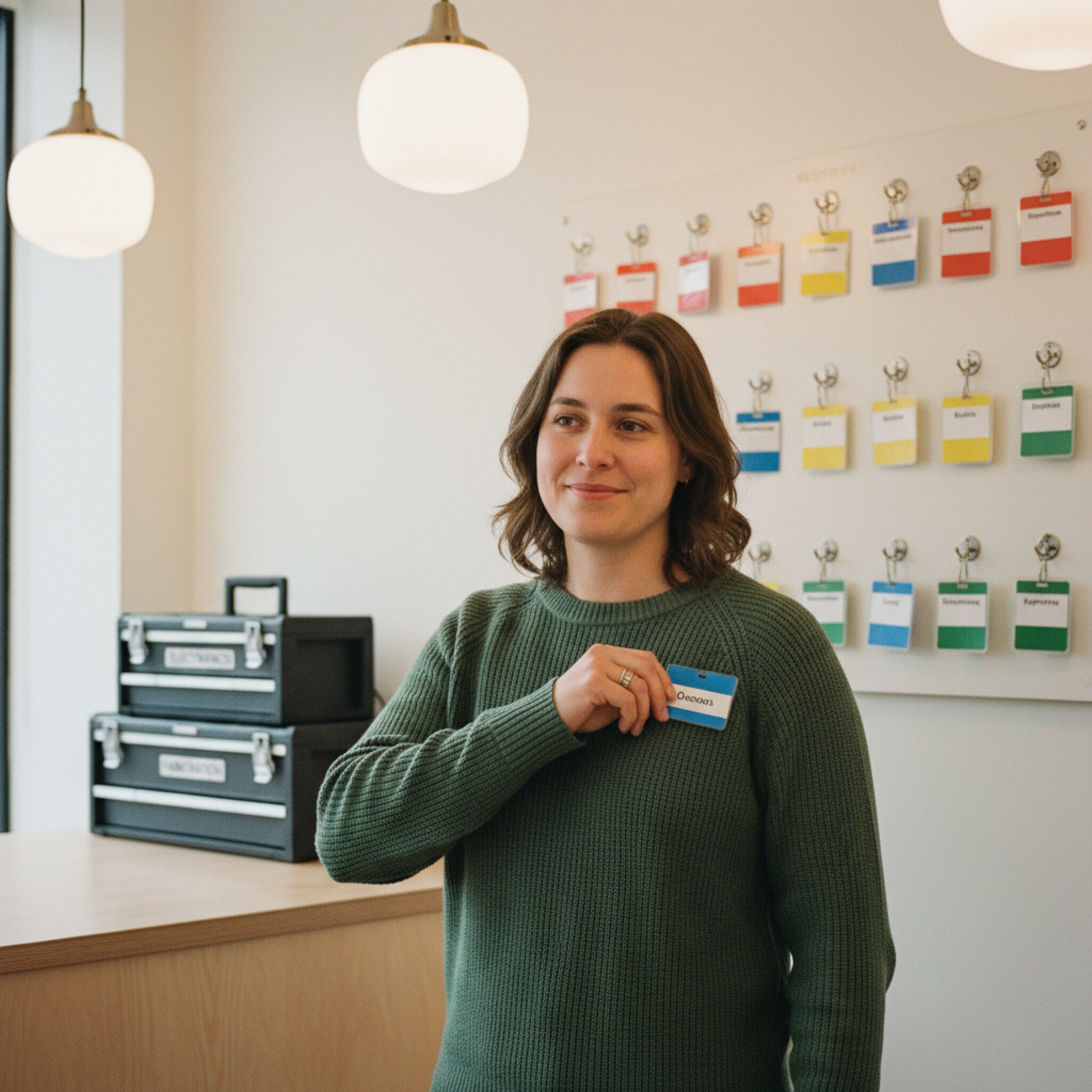 Am Empfang hängt ein schlichtes Board mit farbigen Namensschildern für Mitgliedergruppen. Eine Person nimmt ihr Schild vom Haken und steckt es an den Pullover. Hinter der Theke stehen sauber geordnete Werkzeugkisten. Die Szene wirkt freundlich, strukturiert und gemeinschaftlich. Warmweiße Lampen schaffen Ruhe.