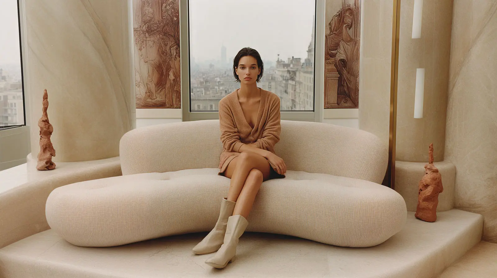Eine Frau in einem hellbraunen Kleid und hellen Stiefeln sitzt auf einem modernen weißen Sofa in einem eleganten Raum mit großen Fenstern, die einen Blick auf die Stadt bieten, umgeben von klassischer Kunst und Skulpturen, die durch atemberaubende CGI-Renderings zum Leben erweckt wurden.