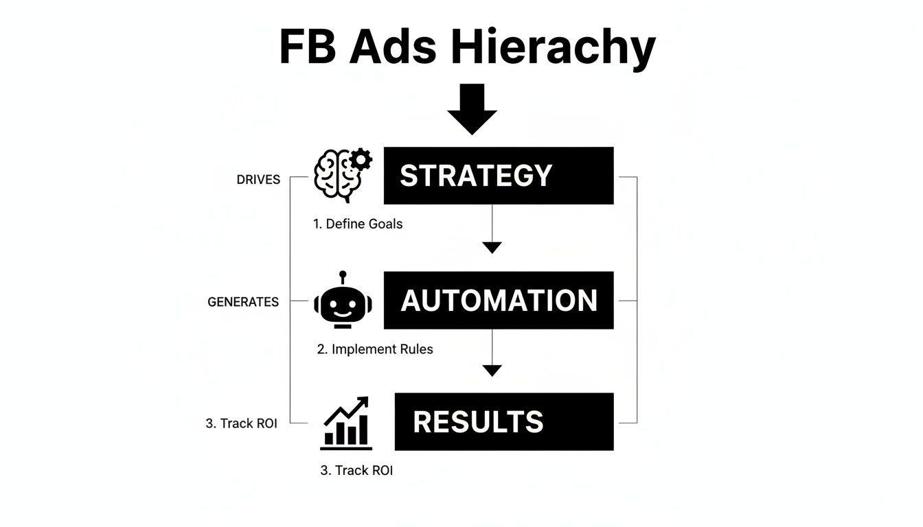 FB Ads Hierarchy infographic: Strategy defines goals, drives Automation to implement rules, generating Results by tracking ROI.