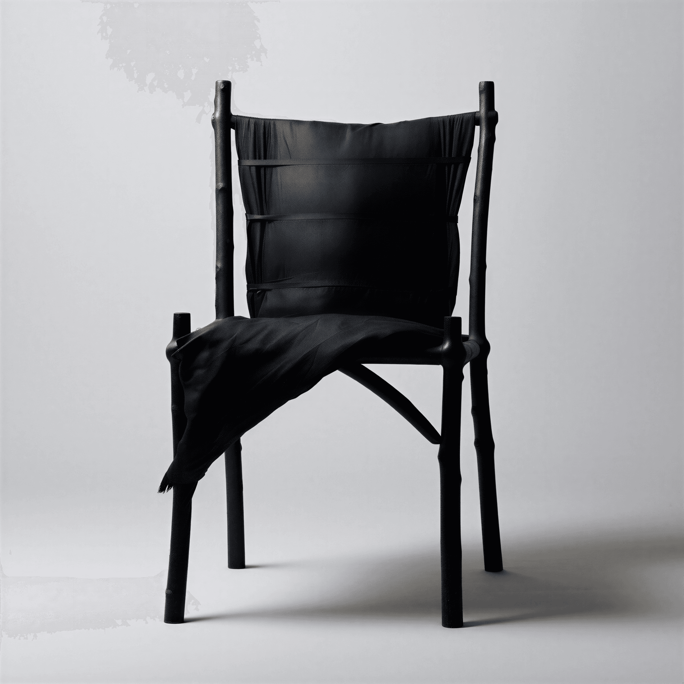 Minimalist black chair with organic wood-like frame and draped fabric seat, set against a light gray background.
