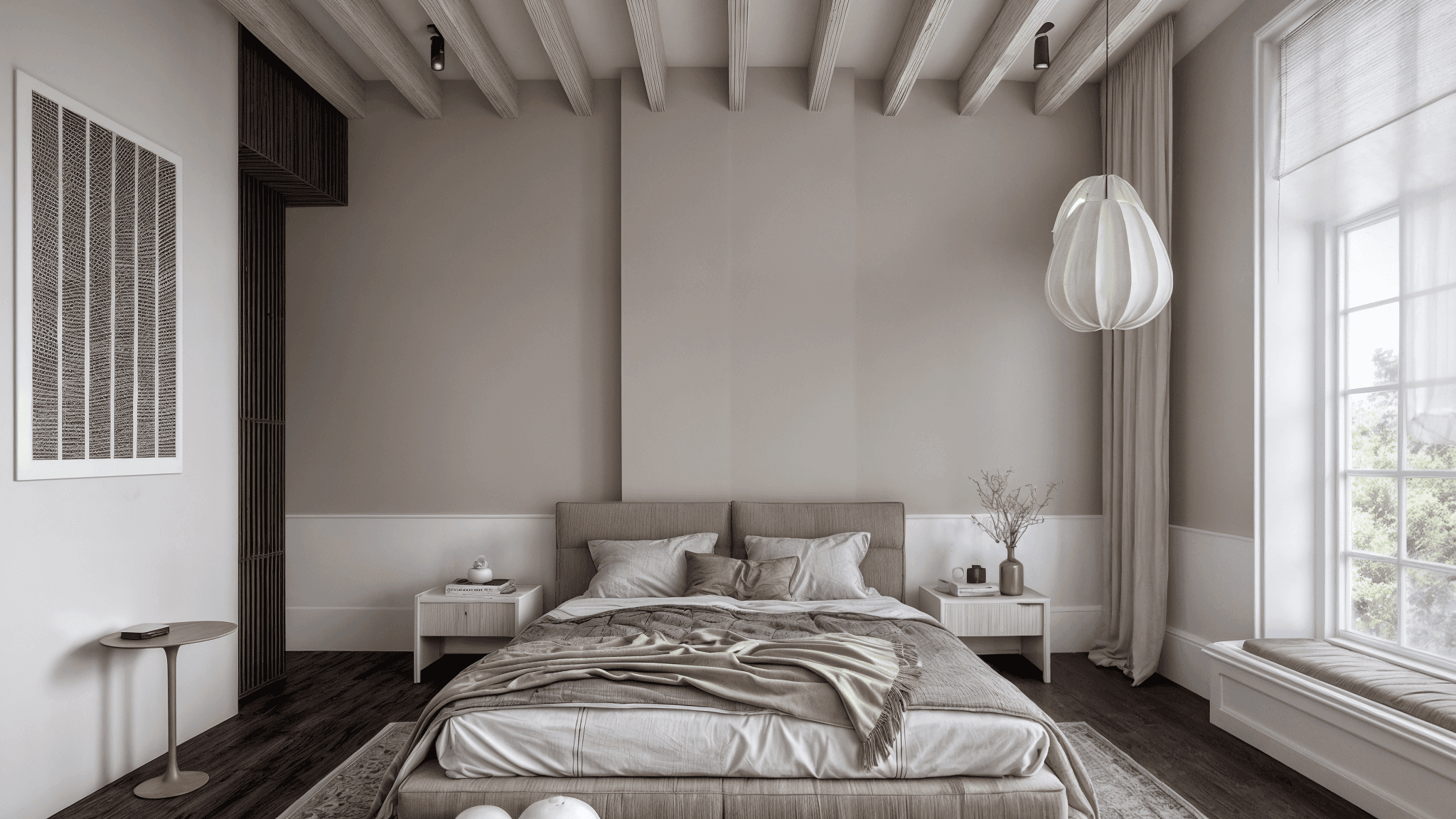 Slaapkamer met zichtbaar balkenplafond, zacht textiel en kunst boven het bed in neutrale tinten.