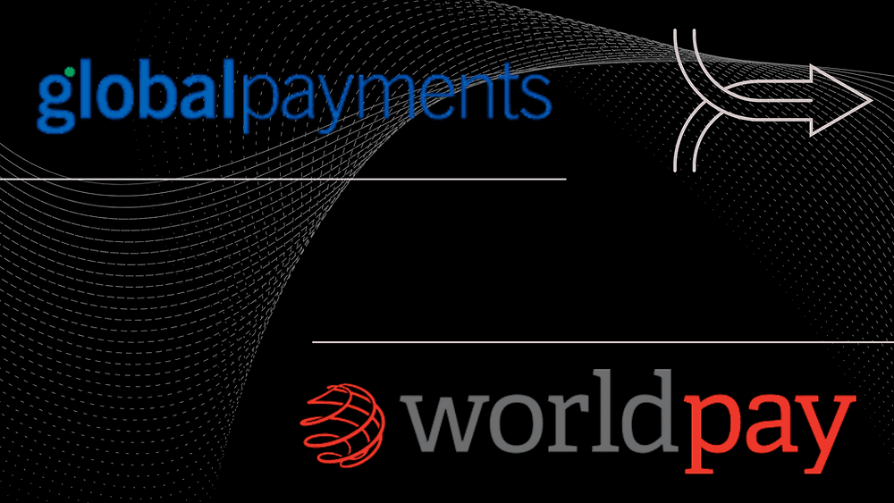 Logos von Global Payments und Worldpay mit zusammenlaufendem Pfeil, zur Übernahme von Worldpay durch Global Payments