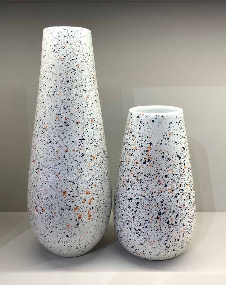 Tall white speckled ceramic floor vases in modern shape
