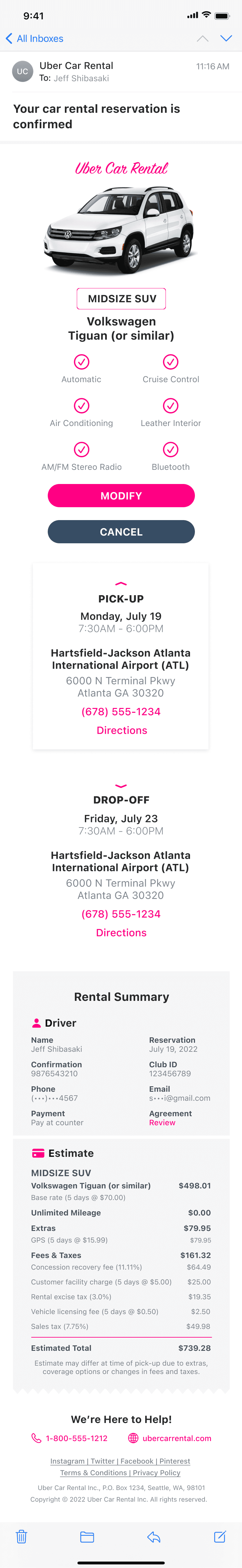 Final car rental reservation confirmation email