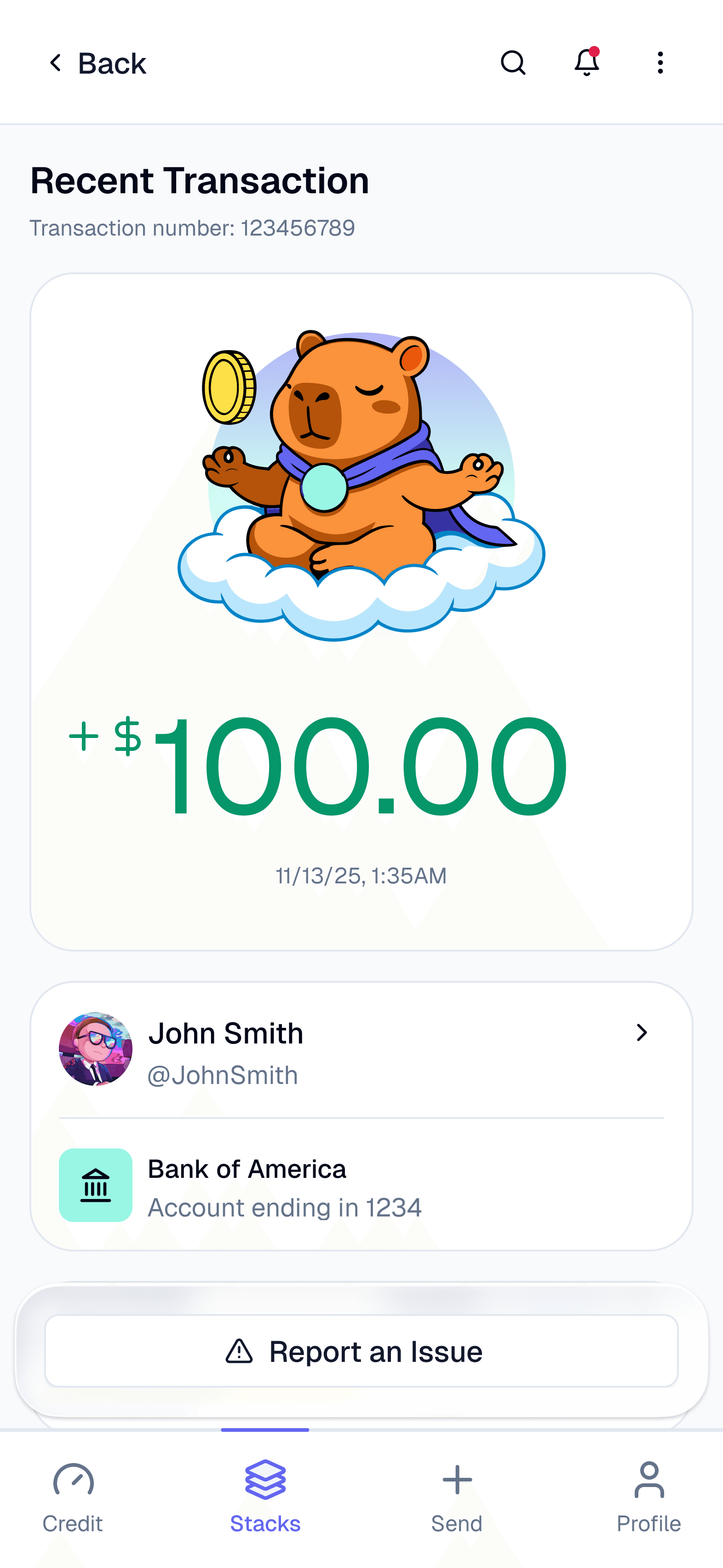 WeStack app showing a shared transaction with positive balance and incoming group payment details
