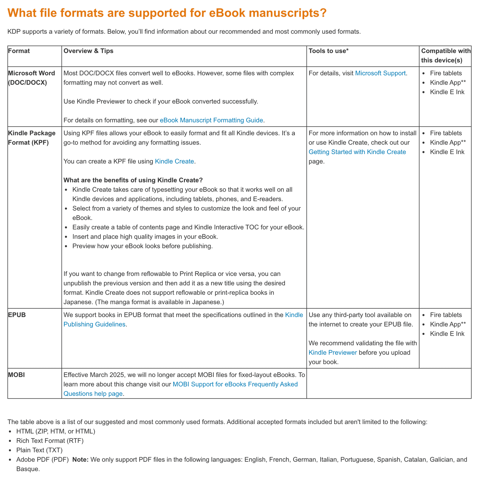 KDP help page What file formats are supported for eBook manuscripts, with a table of Microsoft Word (DOC/DOCX), Kindle Package Format (KPF) and EPUB, the MOBI row saying KDP no longer accepts MOBI files for fixed-layout eBooks, and a note that PDF is supported only in English, French, German, Italian, Portuguese, Spanish, Catalan, Galician and Basque.