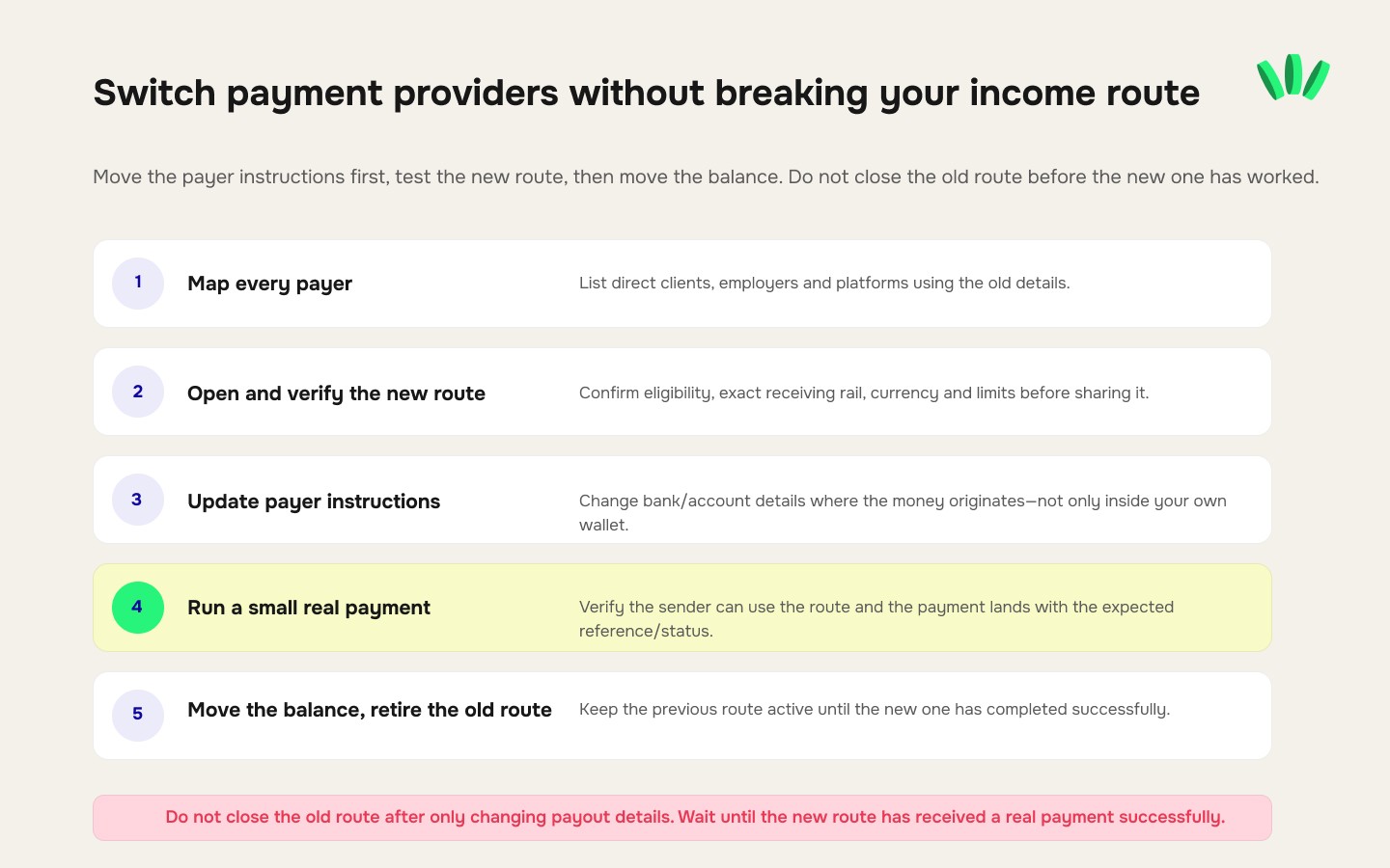 Five-step checklist for switching payment providers without interrupting client or freelance platform payments.