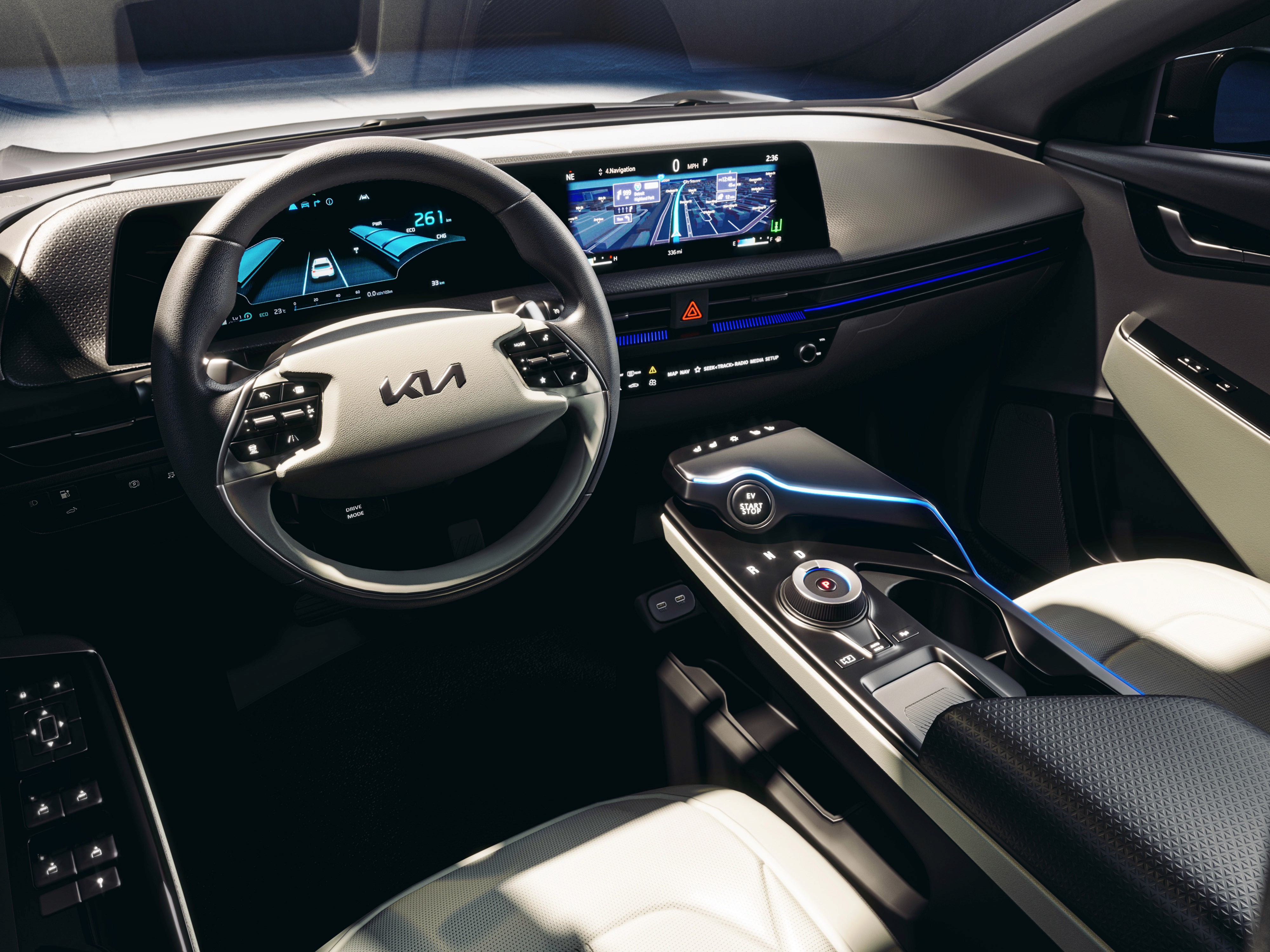Rendering di interno di Kia Ev6 in pelle bianca e nera.