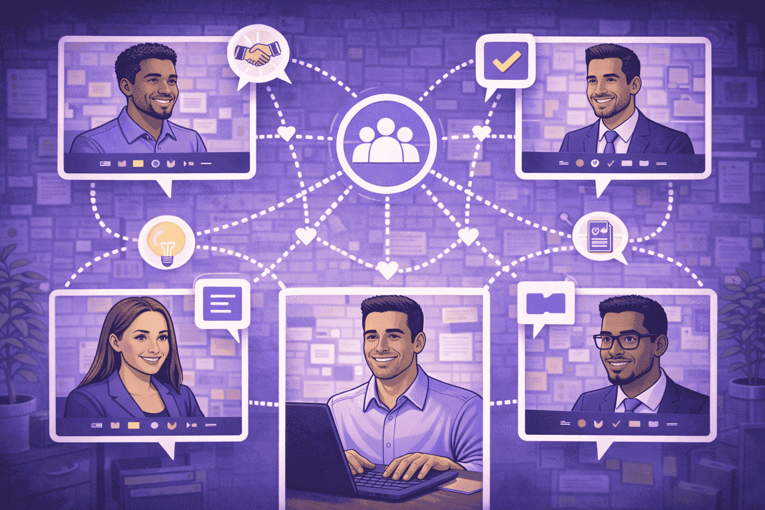 Remote team connected through digital collaboration, showing teamwork and coordination rather than individual work