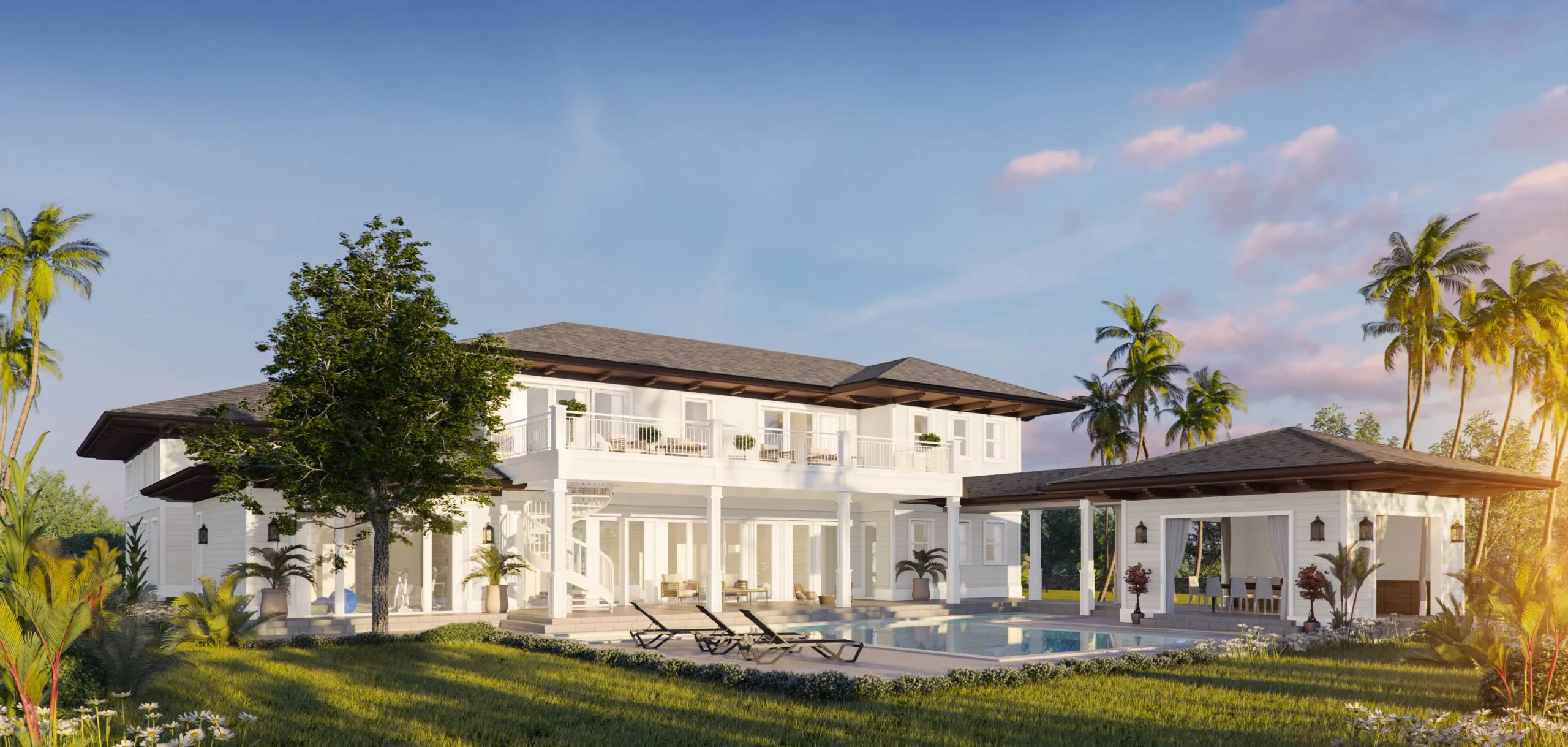 Rear exterior of Colonial estate with pool, sun deck, and covered pavilion, Hardie Avenue Miami Beach
