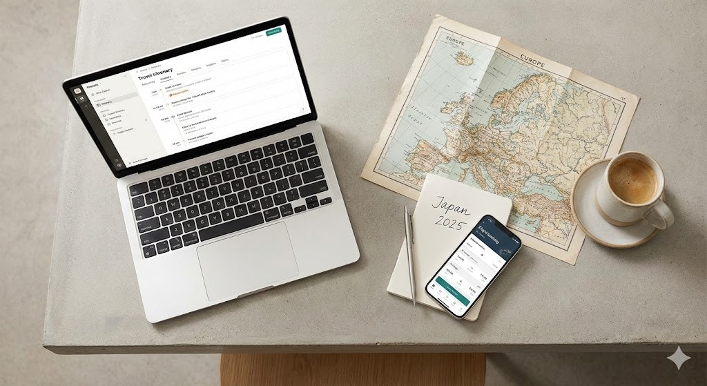 Flat lay of travel planning essentials — map, laptop, phone with itinerary, coffee, notebook — clean modern workspace aesthetic, neutral colors, top-down shot, high clarity, minimal clutter