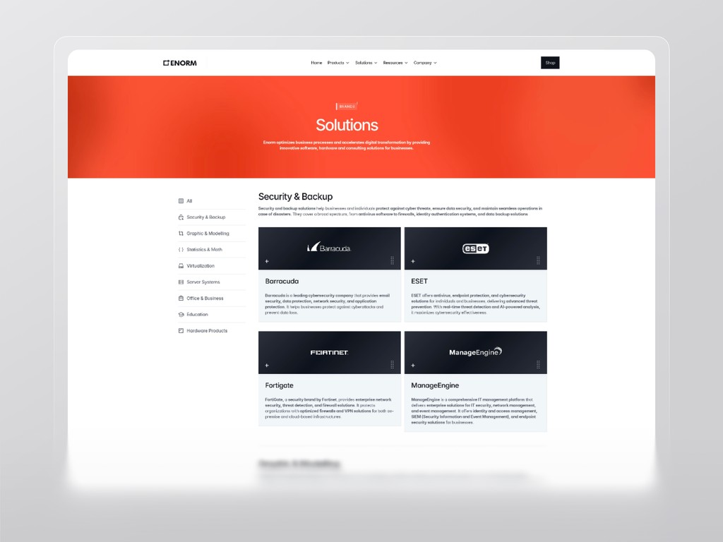 Detailed solution listing for Enorm’s security software offerings including Barracuda, Fortinet, and ESET