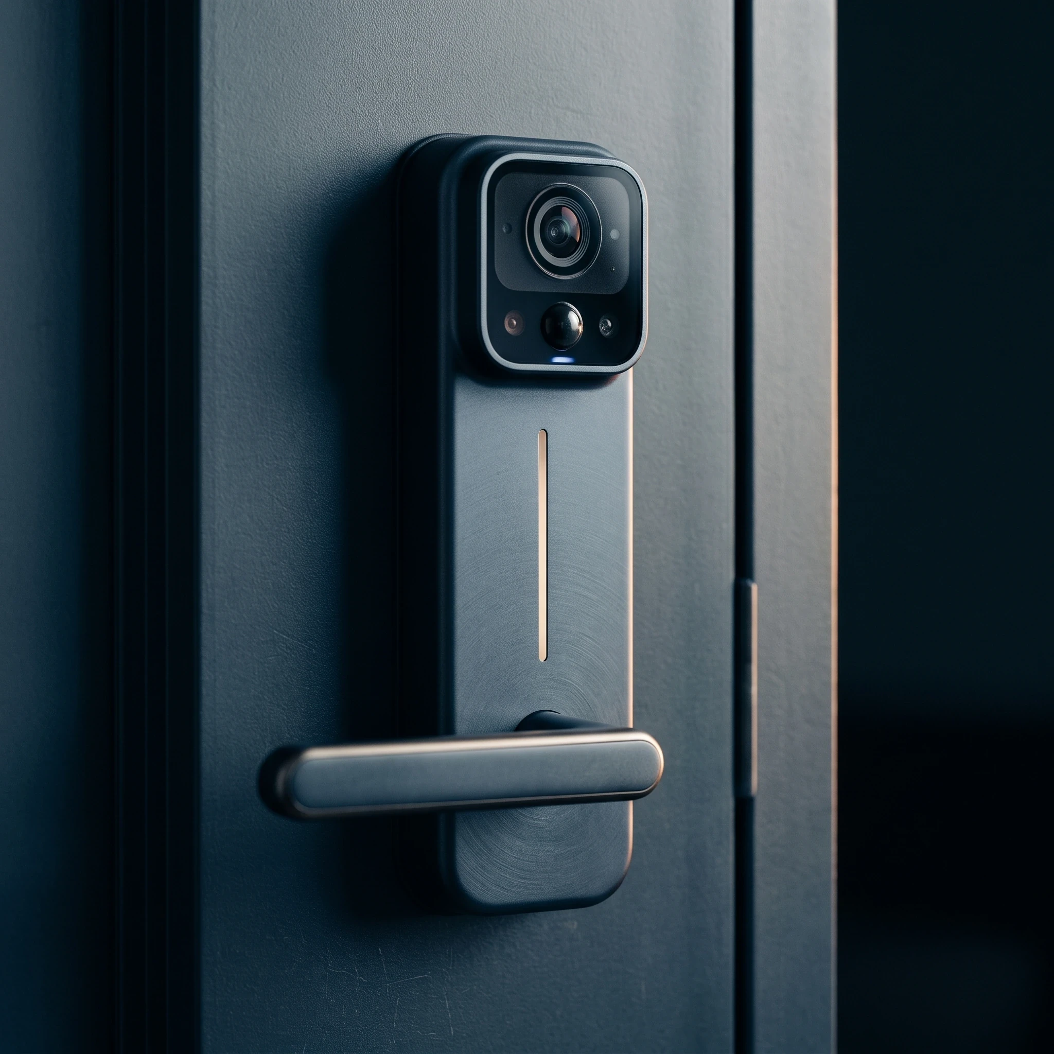 Smart lock with a built-in camera on a dark front door