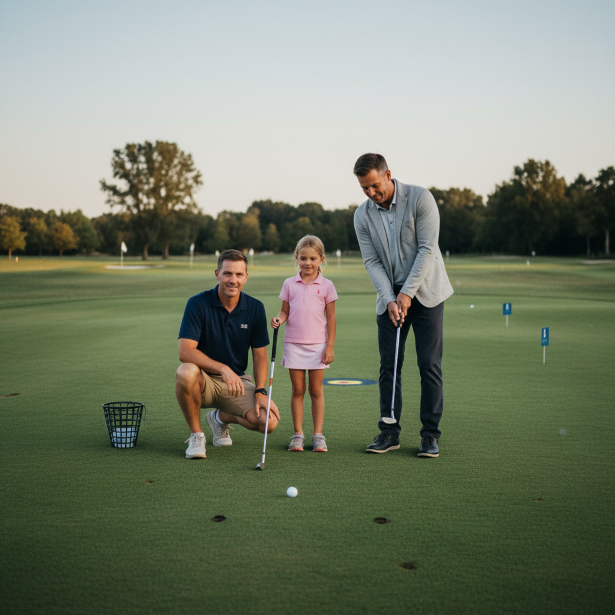 Auf dem Kurzspielbereich zeigt ein Trainer einem Kind den richtigen Stand. Zwei Hütchen markieren eine kleine Übung, nebenan probiert ein Vater einen sanften Chip. Leise Gespräche, fokussierte Blicke und ein gelungener Schlag erzeugen ein motivierendes Lernumfeld.