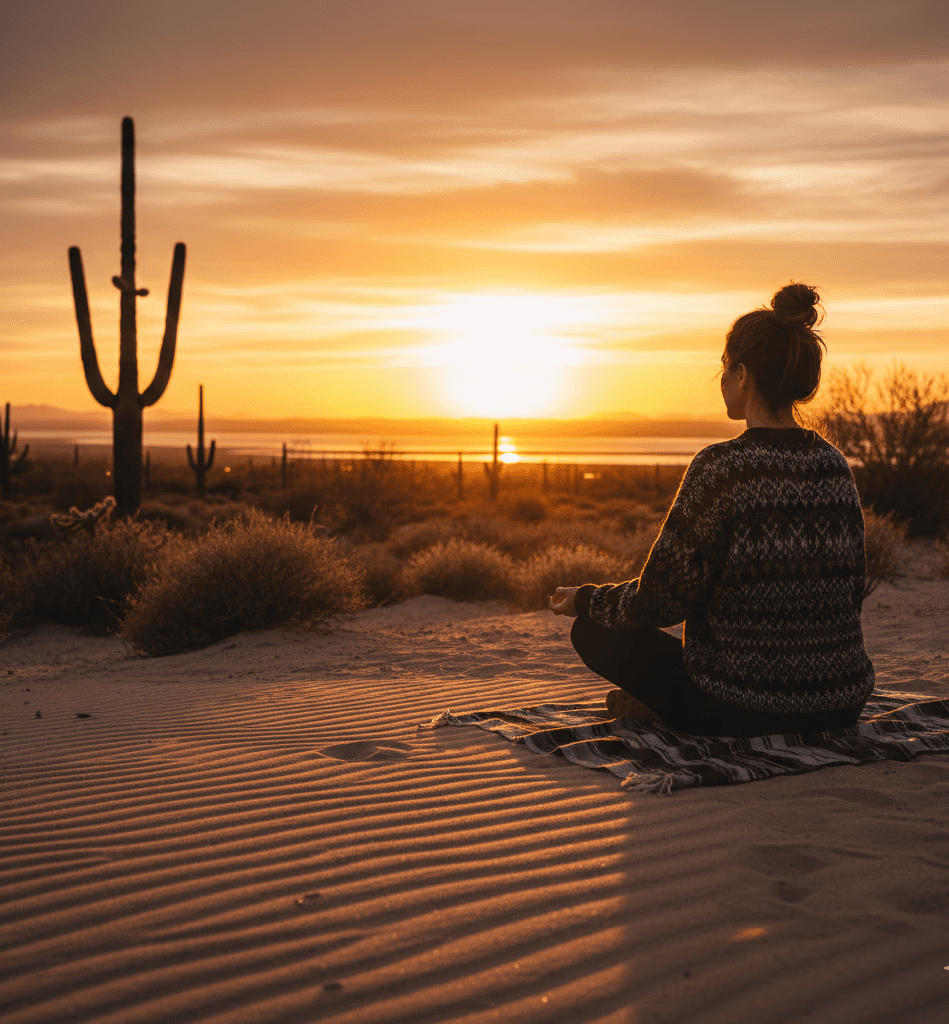 A person sits cross-legged on a blanket in a desert, meditating as the sun sets. A cactus stands nearby, creating a serene, peaceful atmosphere.