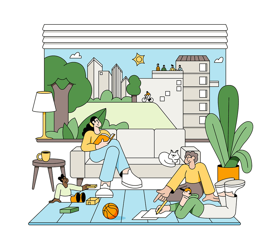 Illustration of people sitting on living room floor in an urban environment
