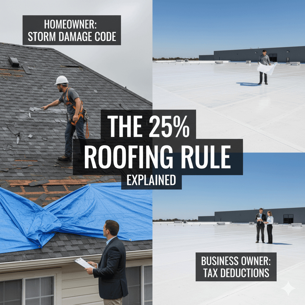 The image is a split-panel graphic with "THE 25% ROOFING RULE EXPLAINED" prominently in the center.  Top Left Panel: A roofer in safety gear inspecting a heavily damaged residential roof, with torn shingles and a blue tarp visible. Text overlay: "HOMEOWNER: STORM DAMAGE CODE".  Bottom Left Panel: An insurance adjuster or contractor in a suit holding a clipboard, looking up at a damaged residential roof.  Top Right Panel: A person (likely an architect or building owner) on a large, flat commercial roof, holding blueprints and looking at the building.  Bottom Right Panel: Two individuals (business owners/consultants) on the same commercial roof, discussing plans with documents in hand. Text overlay: "BUSINESS OWNER: TAX DEDUCTIONS".  This image visually represents both key aspects of the 25% rule discussed in your blog post: residential storm damage/building codes and commercial energy efficiency/tax deductions.