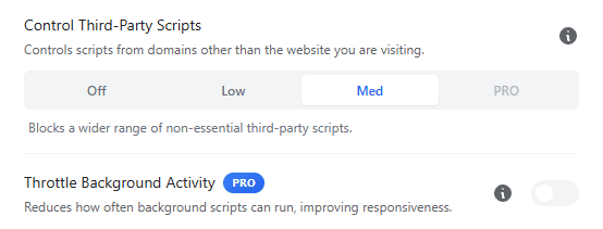 SuperchargeBrowser settings for throttling background activity and controlling third-party scripts in Chrome.
