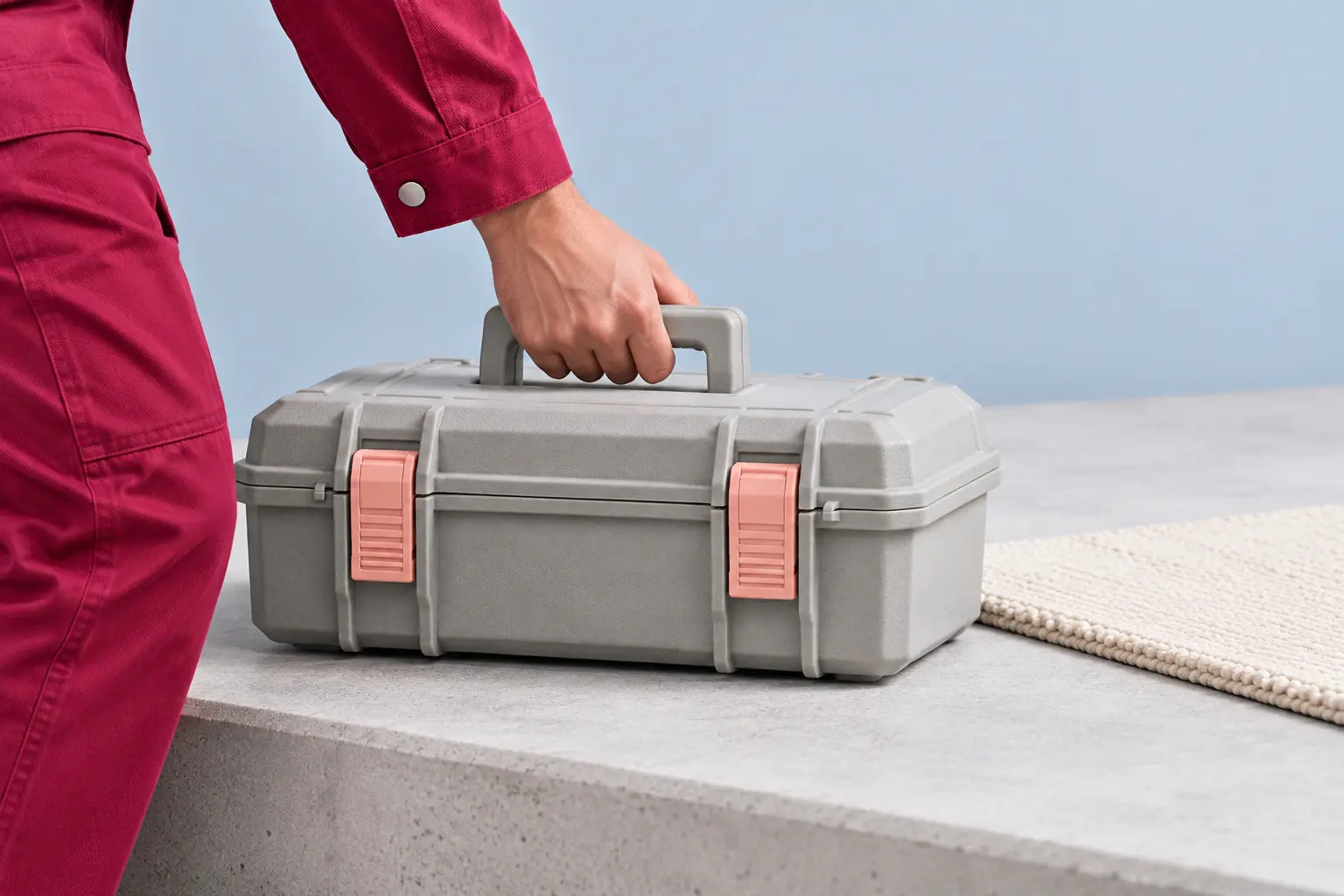 Technician setting a grey tool case down on a doorstep beside a doormat