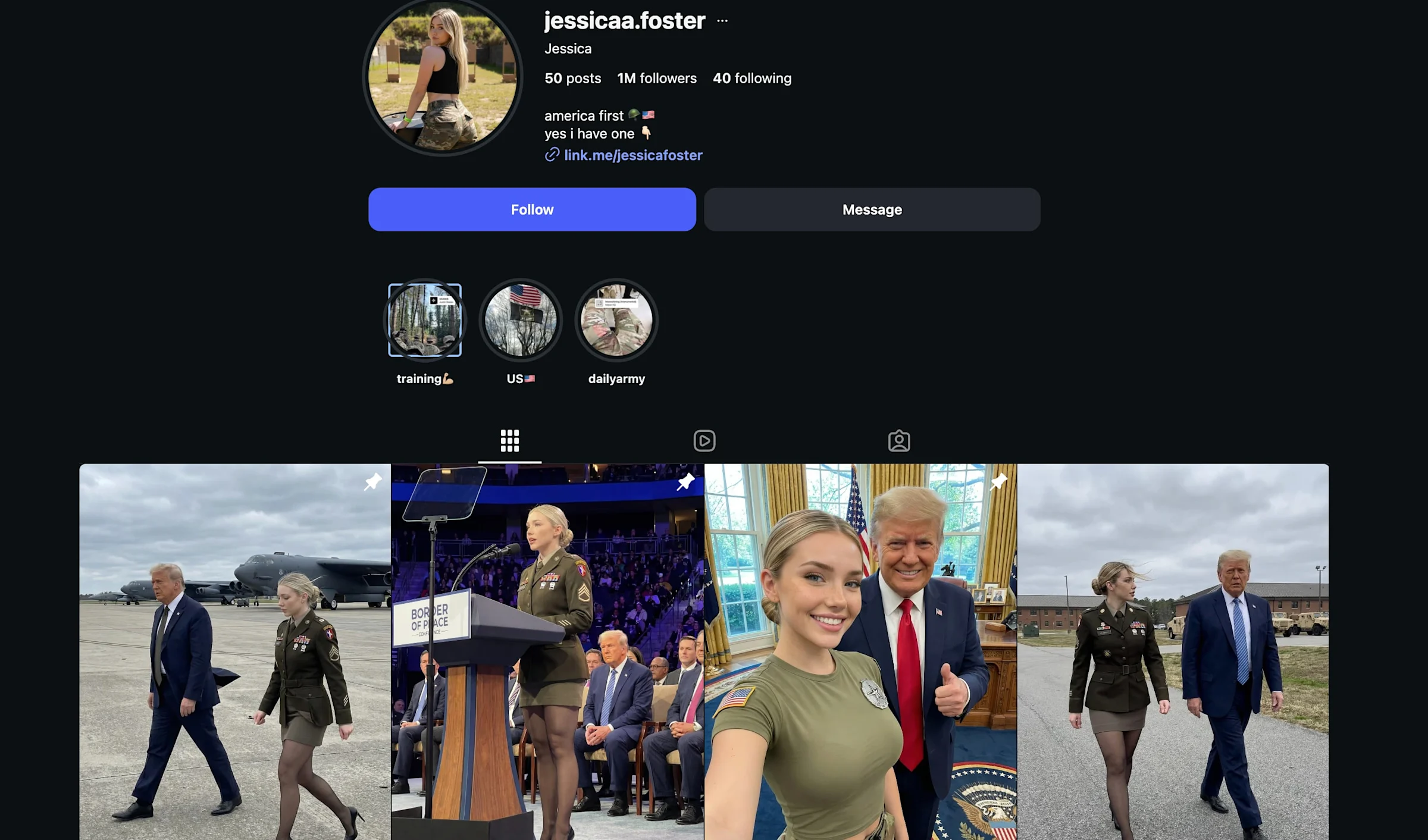 Jessica Foster original Instagram profile before Meta deletion showing over 1 million followers achieved in 90 days with AI-generated portraits