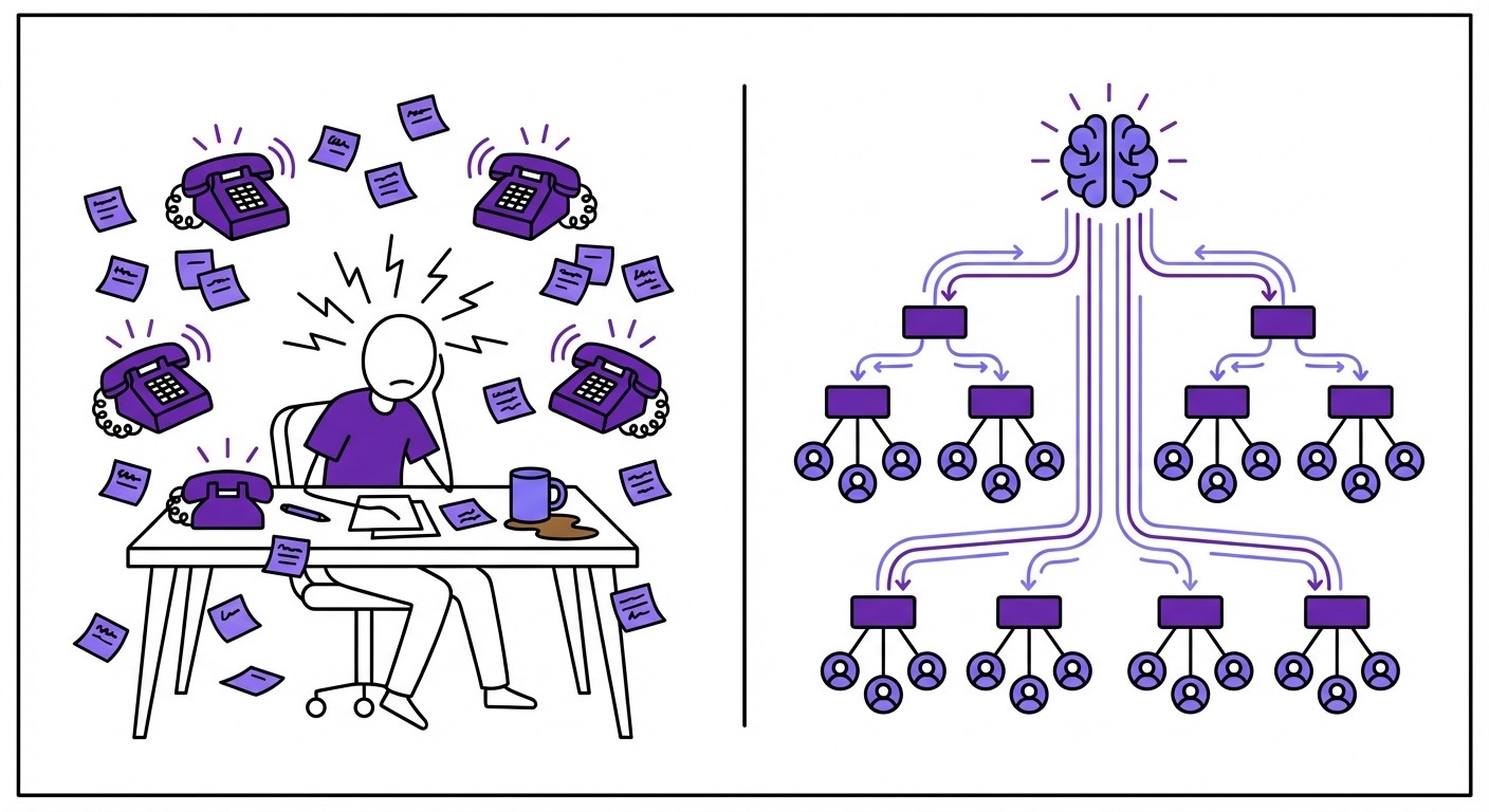 A side-by-side comparison illustration: on the left, an overwhelmed human sales representative juggling multiple tasks; on the right, a calm and systematic AI agent processing multiple streams of information with ease.