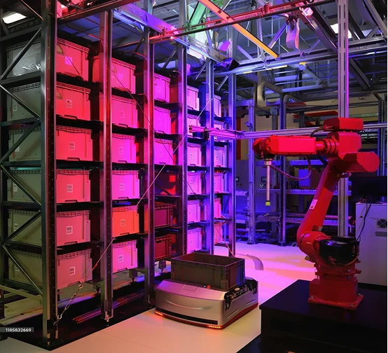 The image depicts a high-tech warehouse scene with a robotic arm and automated guided vehicles operating amidst shelves filled with stacked crates, illustrating advancements in smarter supply chains and new commerce solutions.