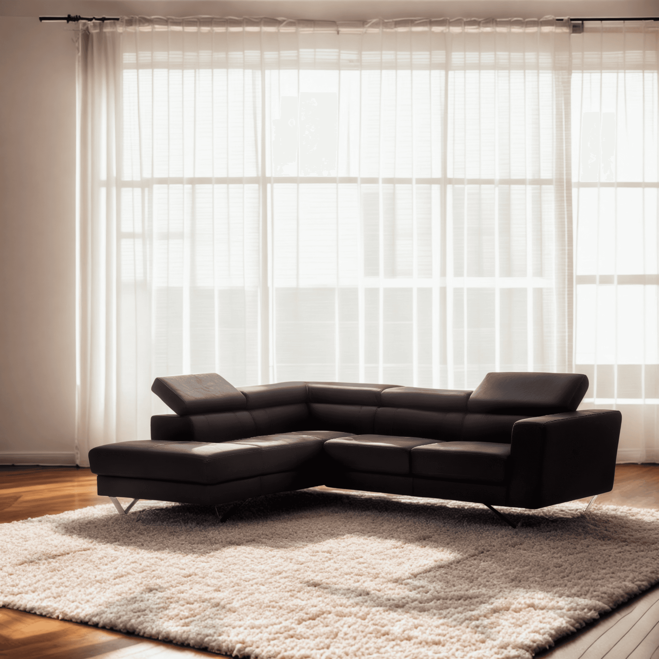 Leather sofa in a living room with big windows. Image generated by AI using Fuzer