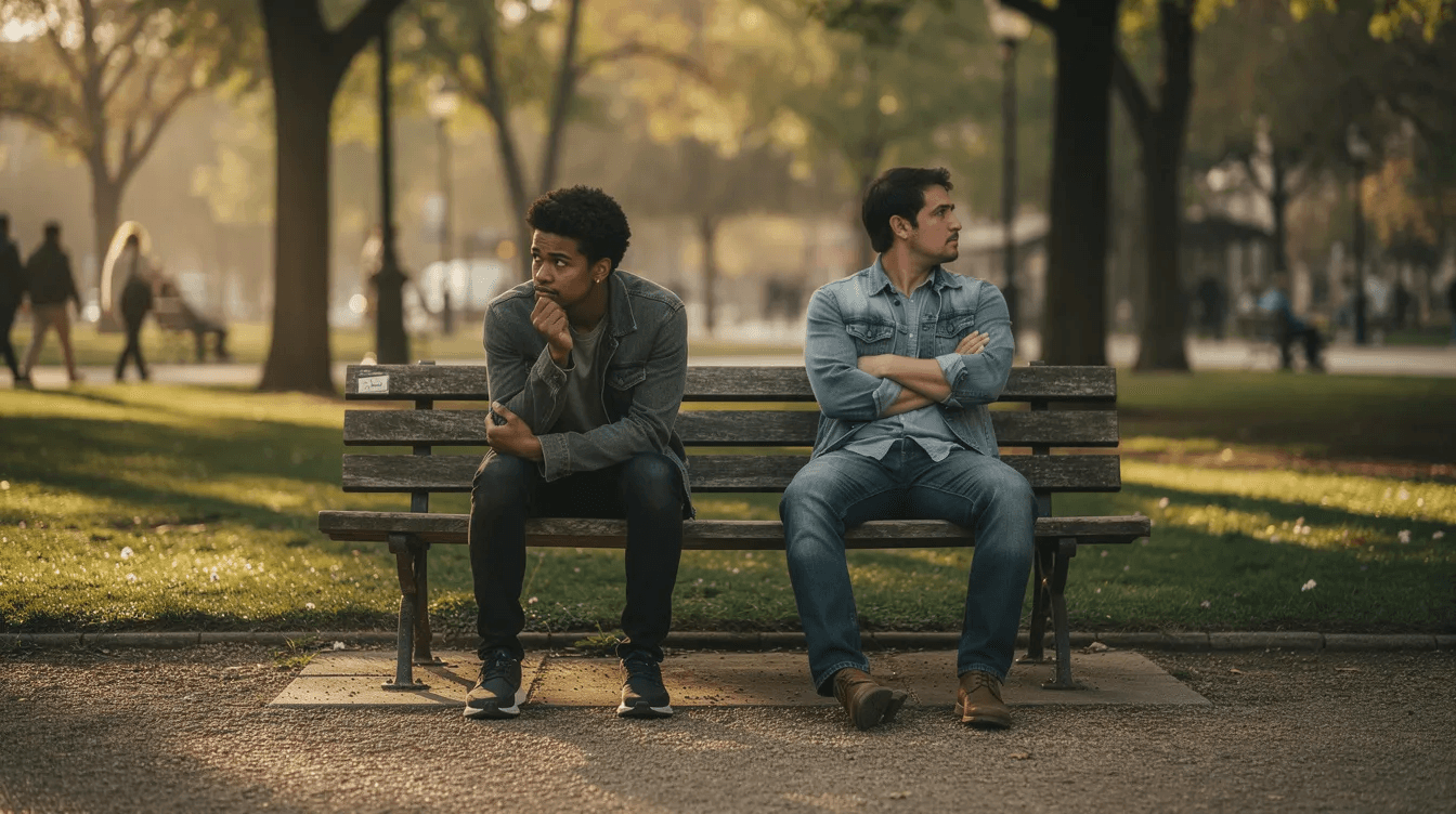 Two friends are sitting on a park bench, each gazing in different directions; one appears thoughtful while the other seems distant, reflecting the emotional impact of sudden wealth on their friendship. This moment captures the complexities of their relationship, highlighting the differences in their lives and the potential anxiety that can arise from a wealth gap.