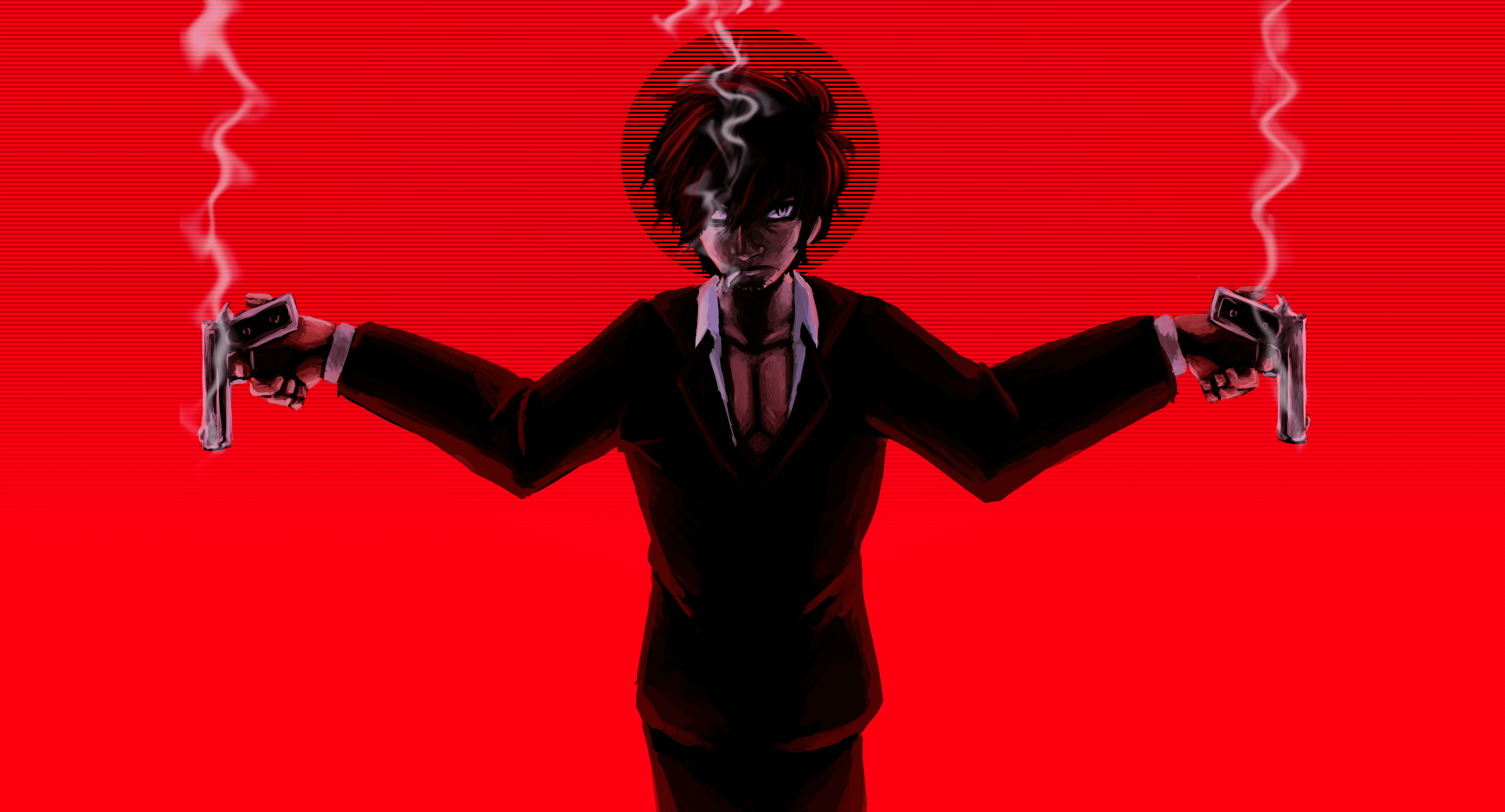 Artowrk of Wolfwood from Trigun. He is positioned like Jesus on a cross, but with guns in hand and cigarette in mouth