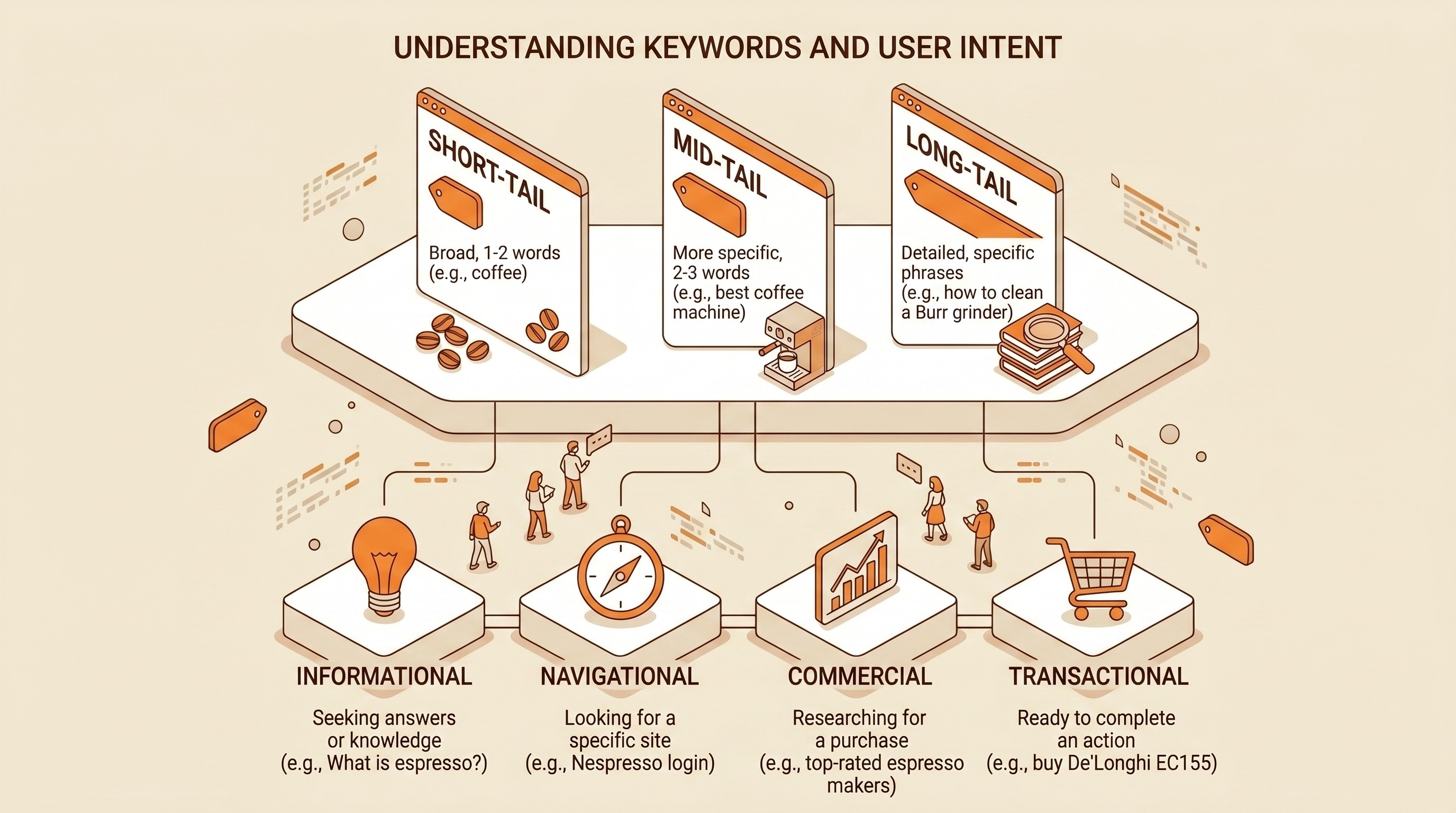 Ilustrasi kategori jenis kata kunci termasuk short-tail, long-tail, dan empat ikon search intent untuk SEO.