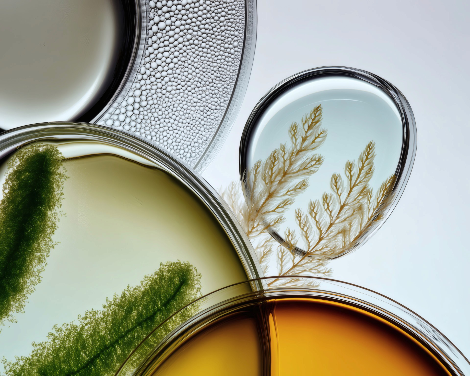 Natural skincare ingredients in glass petri dishes with botanical extracts and cosmetic liquids