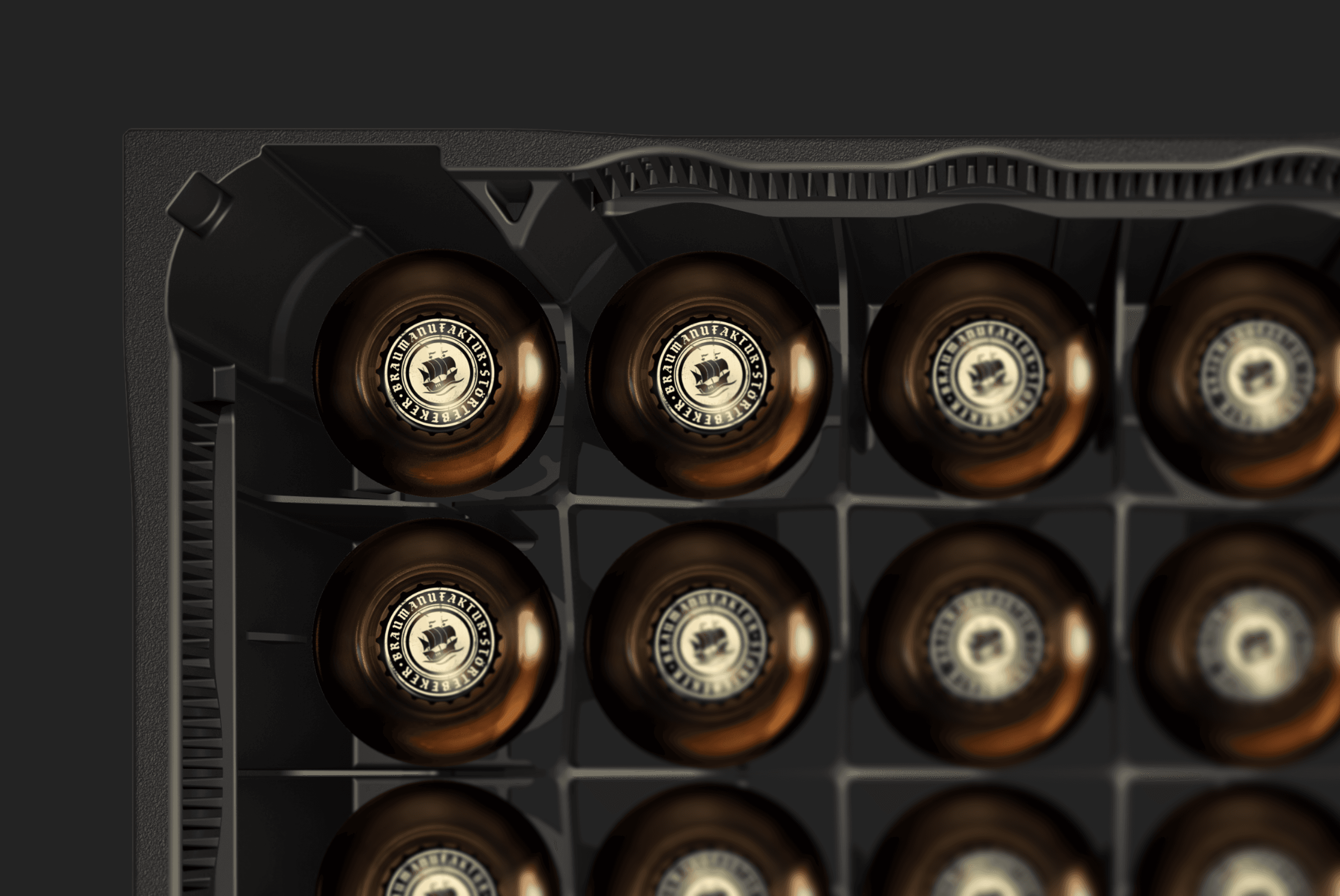 Brown bottles in a black crate.