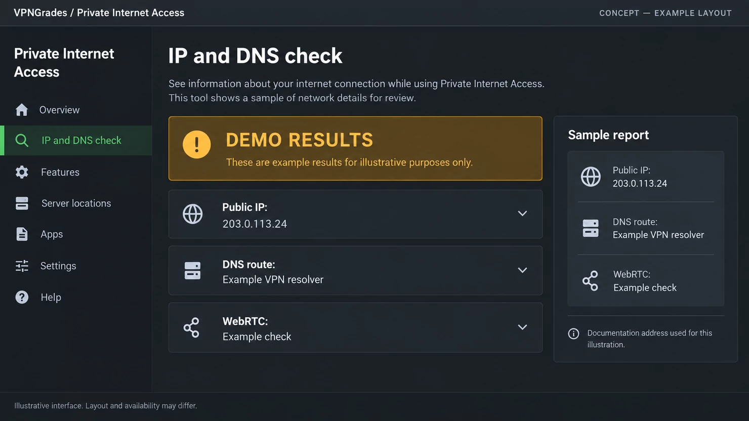 Private Internet Access: a sample ip, dns and webrtc check (illustration).