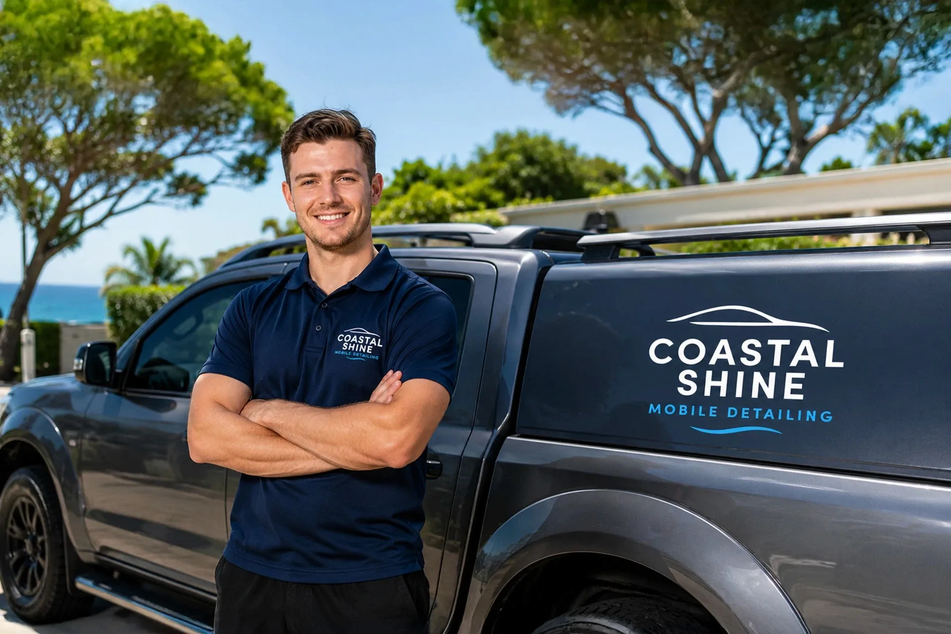Mobile car detailer standing beside a freshly detailed vehicle in a Perth driveway