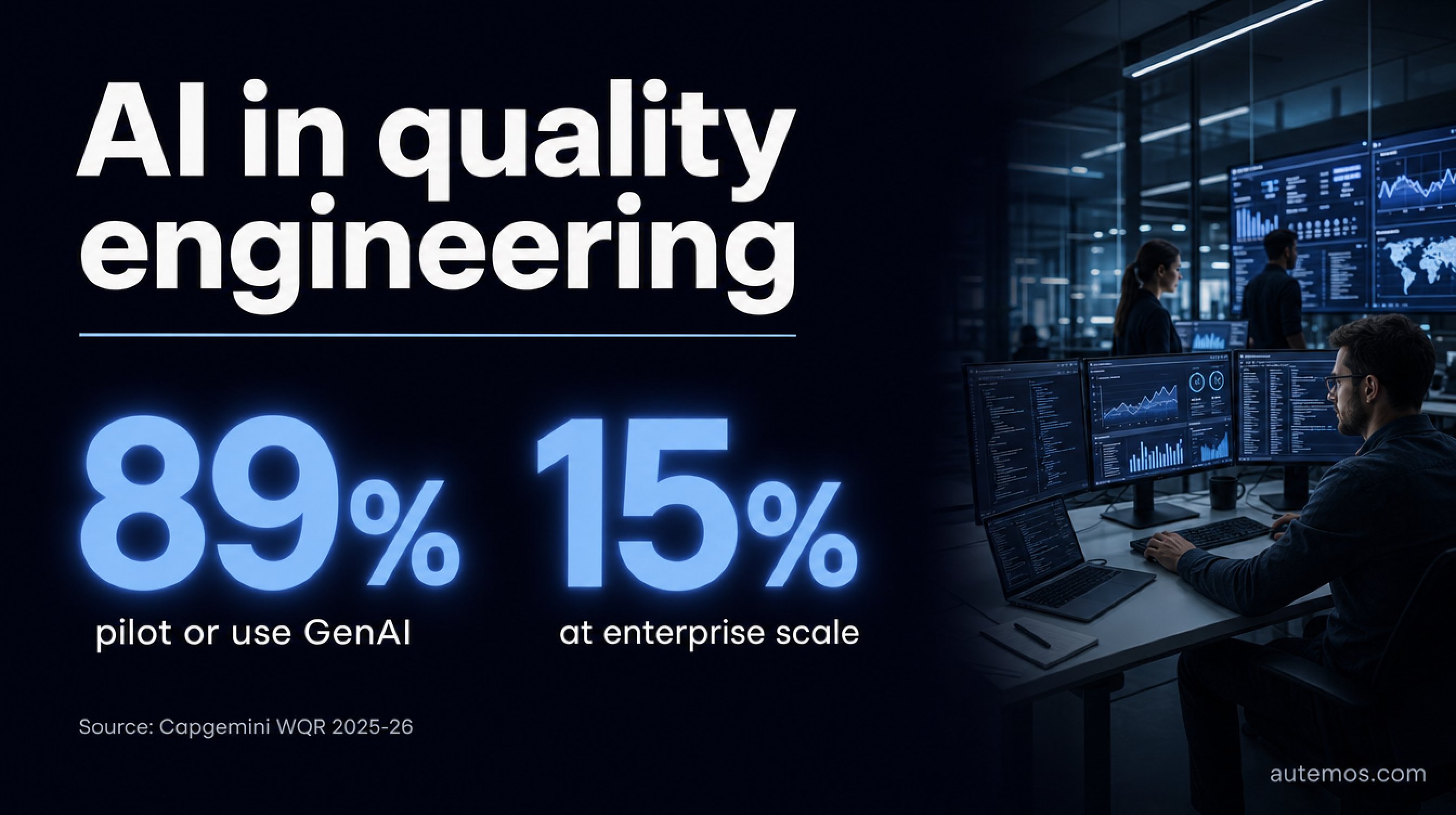 Statistic: 89 percent of organisations pilot or use generative AI in quality engineering, but only 15 percent run it at enterprise scale (Capgemini WQR 2025-26).